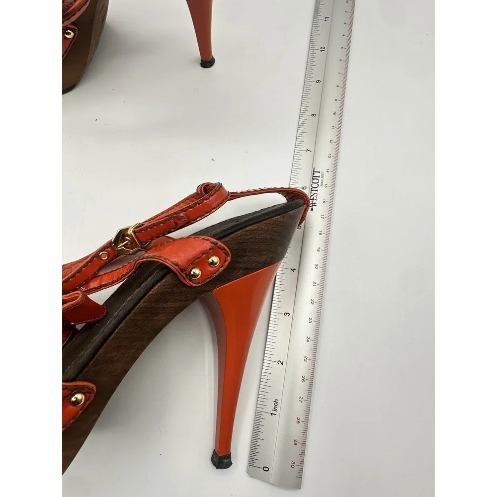Louis Vuitton Patent Leather T-Strap Platform Sandals Red Orange Gold LV Heels